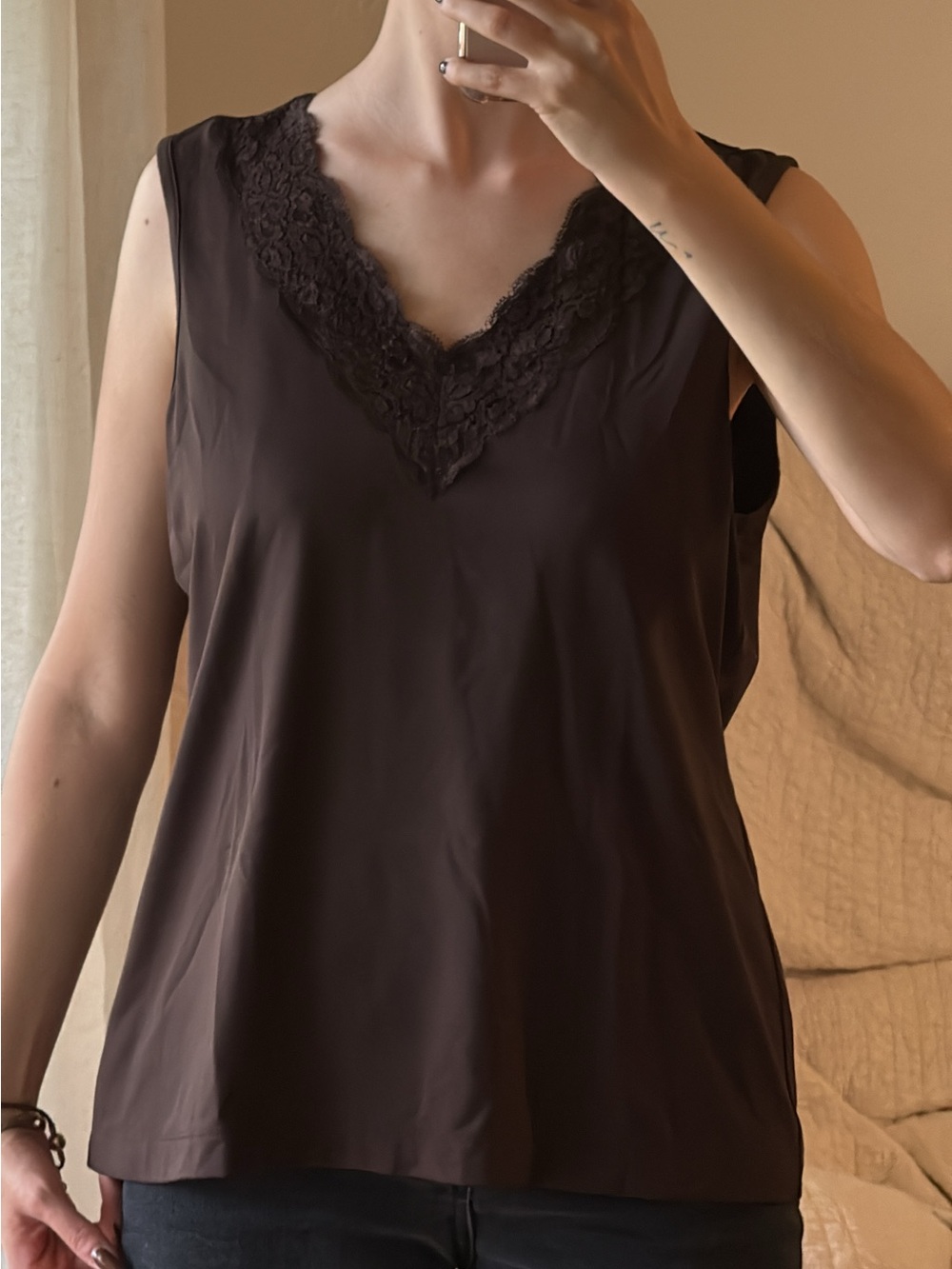 Vintage Chico’s Sleeveless Lace V-Neck Top in Dark Brown
